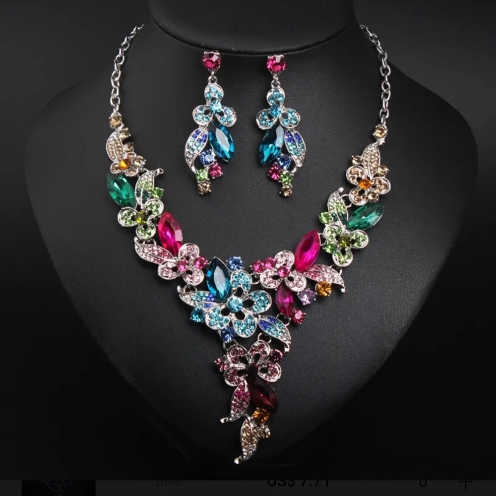 Multicolor Rhinestone Floral Necklace and Earrings Set
